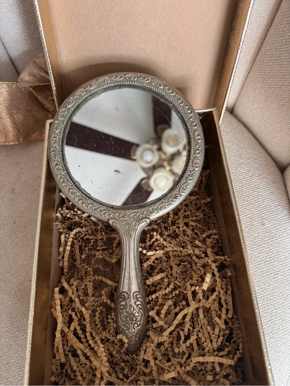 Vintage Silver Plated Victorian Style Vanity Hand Mirror Ornate Floral